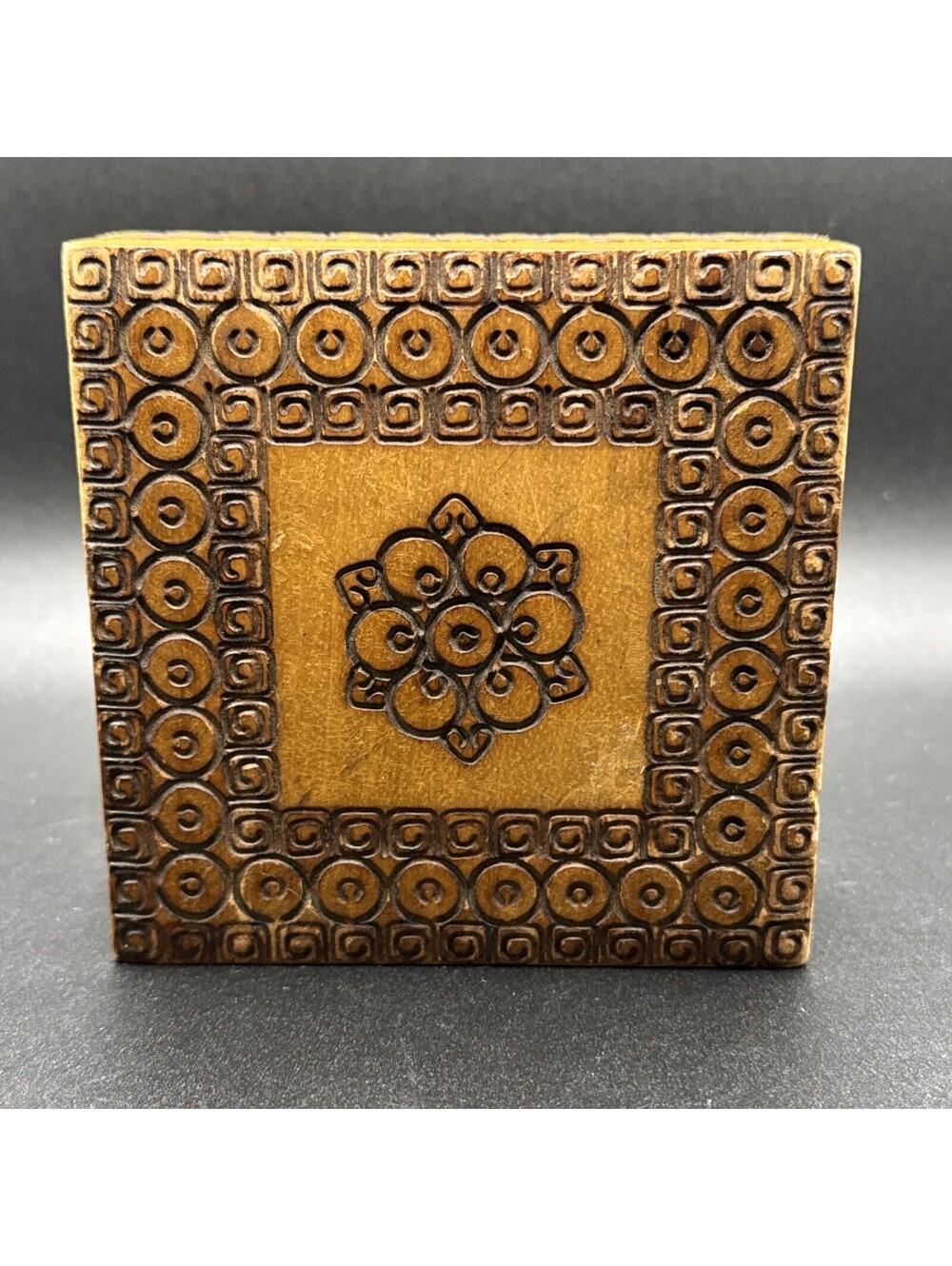 Vintage Carved Wooden Hinged Box 4x4x1.5